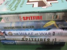 3 books on Spitfires, 3 other related books & a clock with a Spitfire picture on it