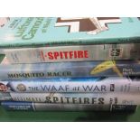 3 books on Spitfires, 3 other related books & a clock with a Spitfire picture on it