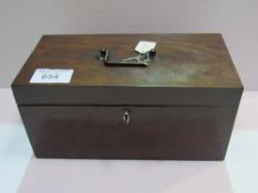 Large Georgian tea caddy, 3 sections with hinged interior lids, lock & key. Estimate £40-60.