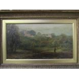 Gilt framed picture on card of countryside scene with church. Estimate £20-30.
