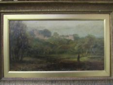 Gilt framed picture on card of countryside scene with church. Estimate £20-30.