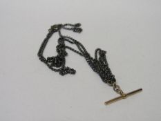 Double Albert pocket watch chain, T-bar & catch 9ct gold tested. Estimate £70-90.
