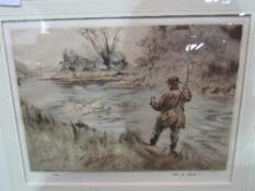 Framed & glazed limited edition 92/250 'Trout Fishing' by Henry Wilkinson, signed. Estimate £10-20.