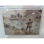 Framed & glazed limited edition 92/250 'Trout Fishing' by Henry Wilkinson, signed. Estimate £10-20.