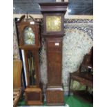 Oak long case clock with brass dial by James Staples of Odiham, single hand, 203cms high. As found.