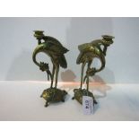 Pair of large Japanese bronze candlesticks modelled as storks, standing on turtles. Estimate £100-