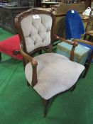 Mahogany framed upholstered bedroom armchair. Estimate £20-30.