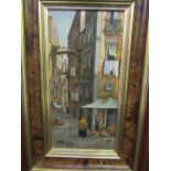 Oil on card in heavy decorative frame of Mediterranean street scene, signed Promano. Estimate £50-