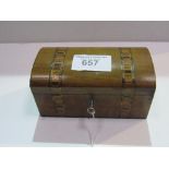 Victorian walnut dome top tea caddy with Tunbridge-style inlays, lock & key. Estimate £20-30.