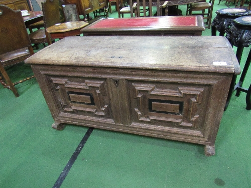 A 17th century oak chest with iron carry handles, geometric applied moulding & original lock, 137cms - Image 7 of 7