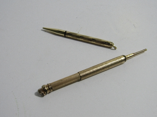 USA Hicks Pat. Mar 1921 gold filled slider fob pencil, plus a 10k GP model. Estimate £10-20.