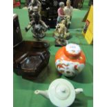 4 various figurines, ginger jar, Chinese teapot & a glass bowl. Estimate £25-35.