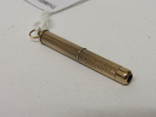 9ct gold propelling tooth pick, Birmingham, wt 6.2gms. Estimate £90-110.