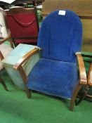 Upholstered dome back open armchair & a Lloyd Loom type linen box. Estimate £5-10.