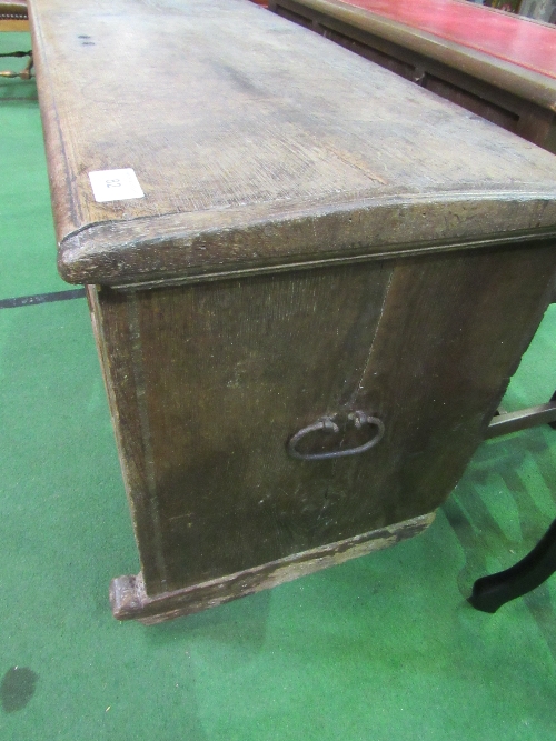 A 17th century oak chest with iron carry handles, geometric applied moulding & original lock, 137cms - Image 6 of 7