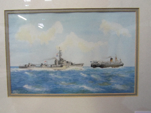Framed & glazed watercolour of a Royal Navy Destroyer & ferry, signed Nigel B Robinson, 2002.