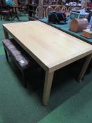 Oak laminated table with wheels on legs at one end & pull-out ledge to other end, 150cms x 85cms x