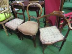 2 mahogany framed balloon back dining chairs & an inlaid mahogany corner chair. Estimate £20-30.