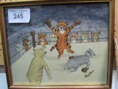 Pen, ink & watercolour cat cartoon signed Louis Wain 'Boxing Match', picture size 25.5cms x 31cms.