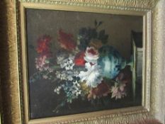 Gilt framed oil on canvas of still life flowers in blue & white vase. Estimate £20-40.