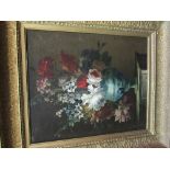 Gilt framed oil on canvas of still life flowers in blue & white vase. Estimate £20-40.