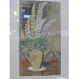 Framed & glazed painting signed G A Moore, 1945 of still life vase of Lupins. Estimate £10-20.