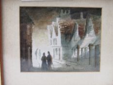 Miniature watercolour of Victorian town street scene at twilight, signed. Estimate £10-20.