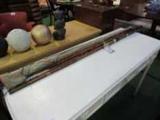 2 cane fishing rods, 1 marked Sansums Rod & Vintage Milbro hollow glass fishing rod, 13'