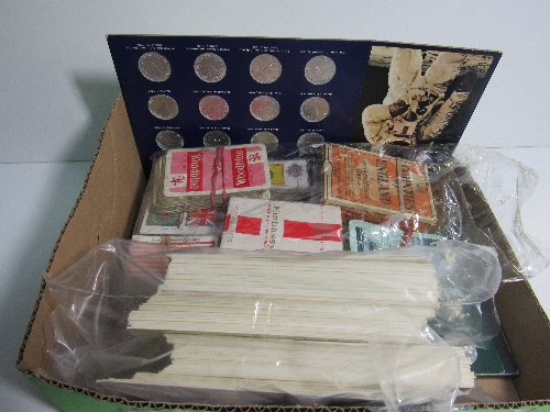 Box containing cigarette & PG Tip cards, playing cards, shell coins, qty of 1970-80's post cards