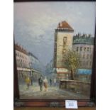 Framed oil on canvas street scene, signed Burnett & another signed Bernard. Estimate £20-30.