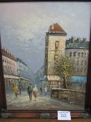 Framed oil on canvas street scene, signed Burnett & another signed Bernard. Estimate £20-30.