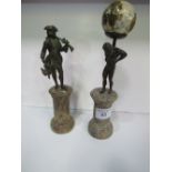 2 marble based bronze figures, heights 40cms & 34cms. Estimate £30-40.