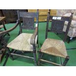 2 oak carver chairs & 2 oak standard chairs with reeded seats & carved back (matching). Estimate £