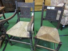 2 oak carver chairs & 2 oak standard chairs with reeded seats & carved back (matching). Estimate £