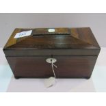 Georgian rosewood sarcophagus triple section tea caddy with lock & key. Estimate £40-60.