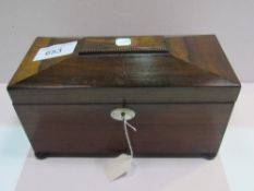 Georgian rosewood sarcophagus triple section tea caddy with lock & key. Estimate £40-60.