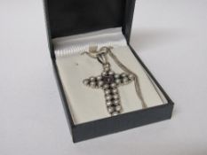 Italian pendant cross, sterling silver, set with freshwater pearls & amethyst symbolising