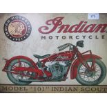 Large 'INDIAN' motorcycle sign for Model '101' Indian Scout. Estimate £20-30.