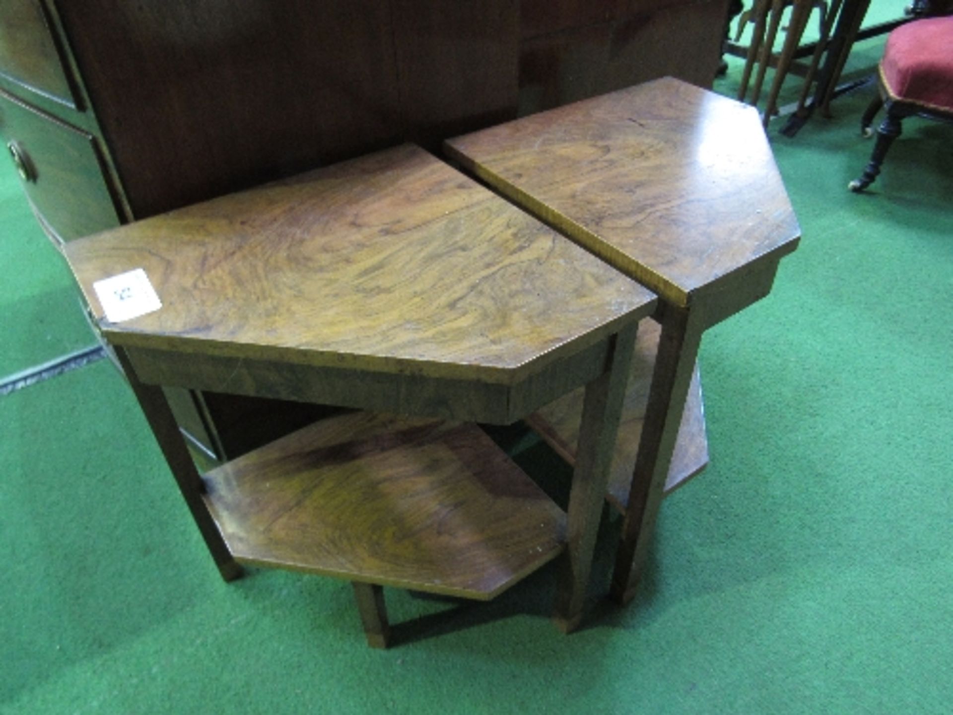 A pair of walnut veneer side tables. Estimate £10-20.