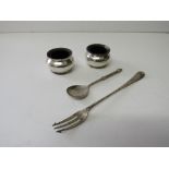 2 silver condiment pots with blue liners, Chester, weight 1.48ozt, silver spoon, Birmingham,