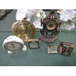 2 vintage brass clocks, 2 travel clocks, World clock & a Smith's clock. Estimate £25-35.