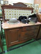 Marble top wash stand over cupboard with 3 drawers & tiled splash back, 106cms x 51cms x 127cms.