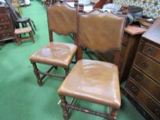 4 oak framed leather upholstered chairs & 2 matching carvers. Estimate £40-60.