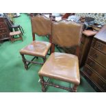 4 oak framed leather upholstered chairs & 2 matching carvers. Estimate £40-60.