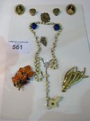 Card of costume jewellery, a rosary & bag of costume jewellery