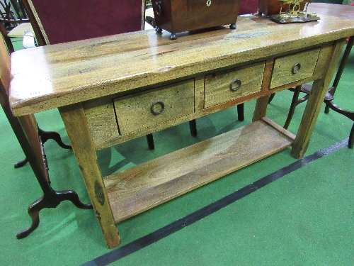 Mango wood sideboard with 3 frieze drawers & display shelf, 140cms x 45cms x 75cms. Estimate £50-