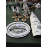 5 gilt decorated coffee cans, 2 bird figurines, Portmeirion platter, 1 other & tall Art Pottery