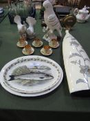 5 gilt decorated coffee cans, 2 bird figurines, Portmeirion platter, 1 other & tall Art Pottery