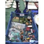 Pair of Titian ware, Staffordshire vases & a qty of die-cast model cars & figurines. Estimate £10-