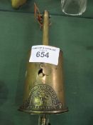 Brass roasting spit by John Linwood, with key. Estimate £10-20.